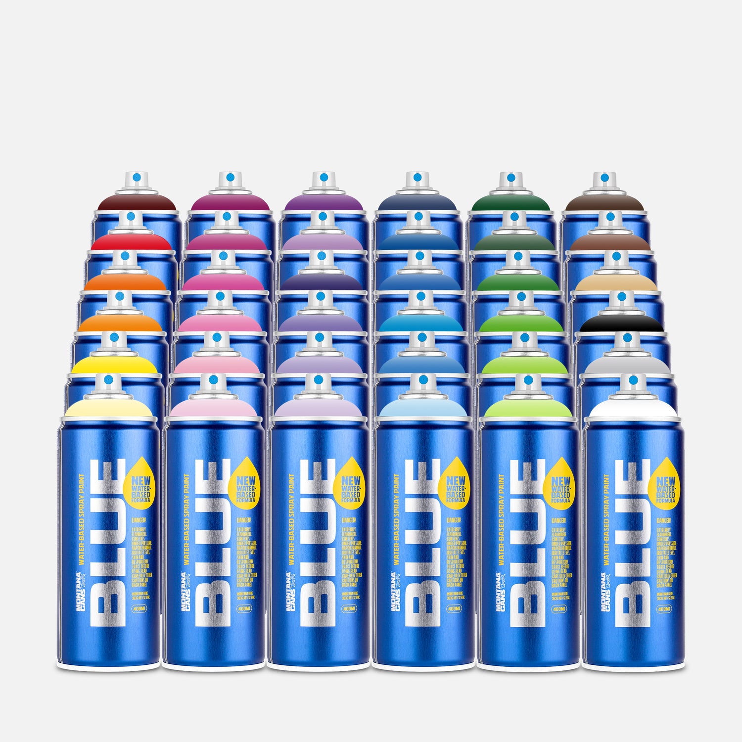Montana blue water based spray paint 400ml 36 can pack of assorted colours on grey background 