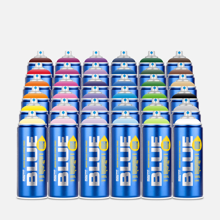 Montana blue water based spray paint 400ml 36 can pack of assorted colours on grey background 
