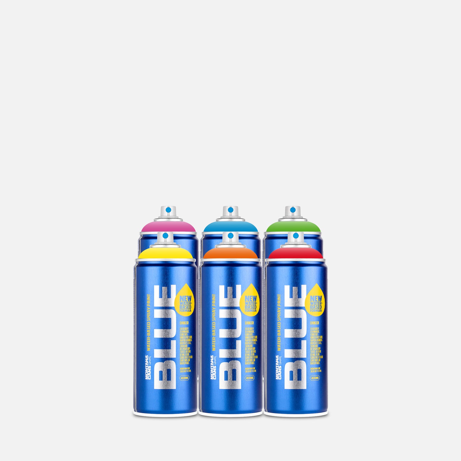 Montana blue water based spray paint 400ml 6 can pack of assorted colours on grey background 