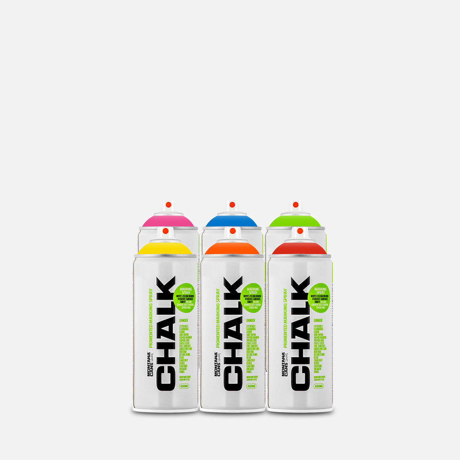 Montana chalk spray paint 400ml 6 can pack of assorted colours on grey background 