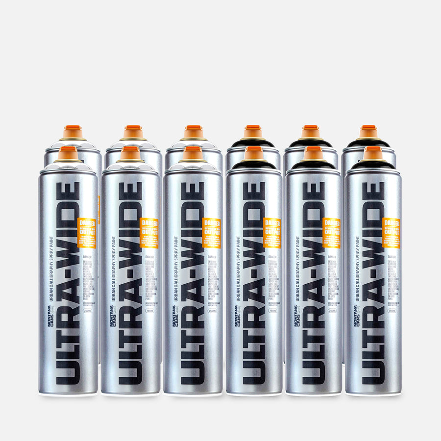 12 cans of Ultra-Wide spray paint on a grey background
