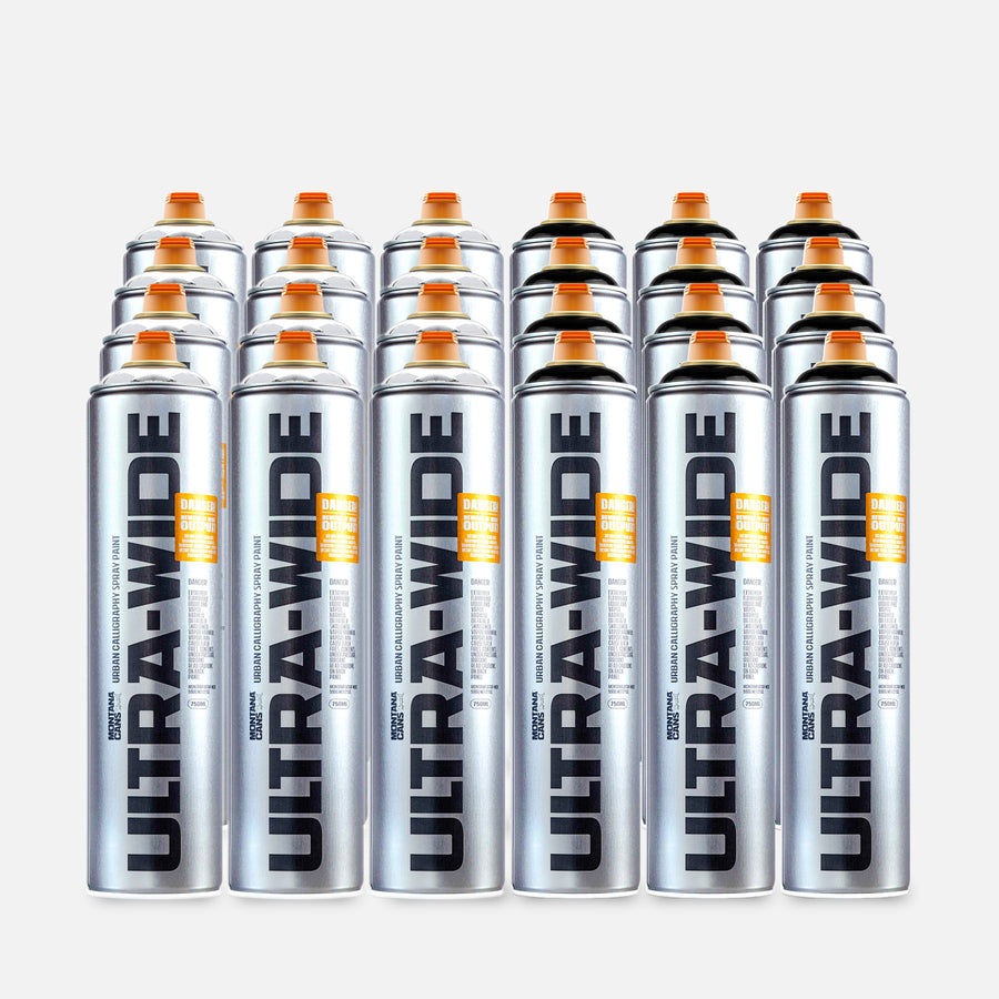 24 cans of Ultra-Wide spray paint on a grey background