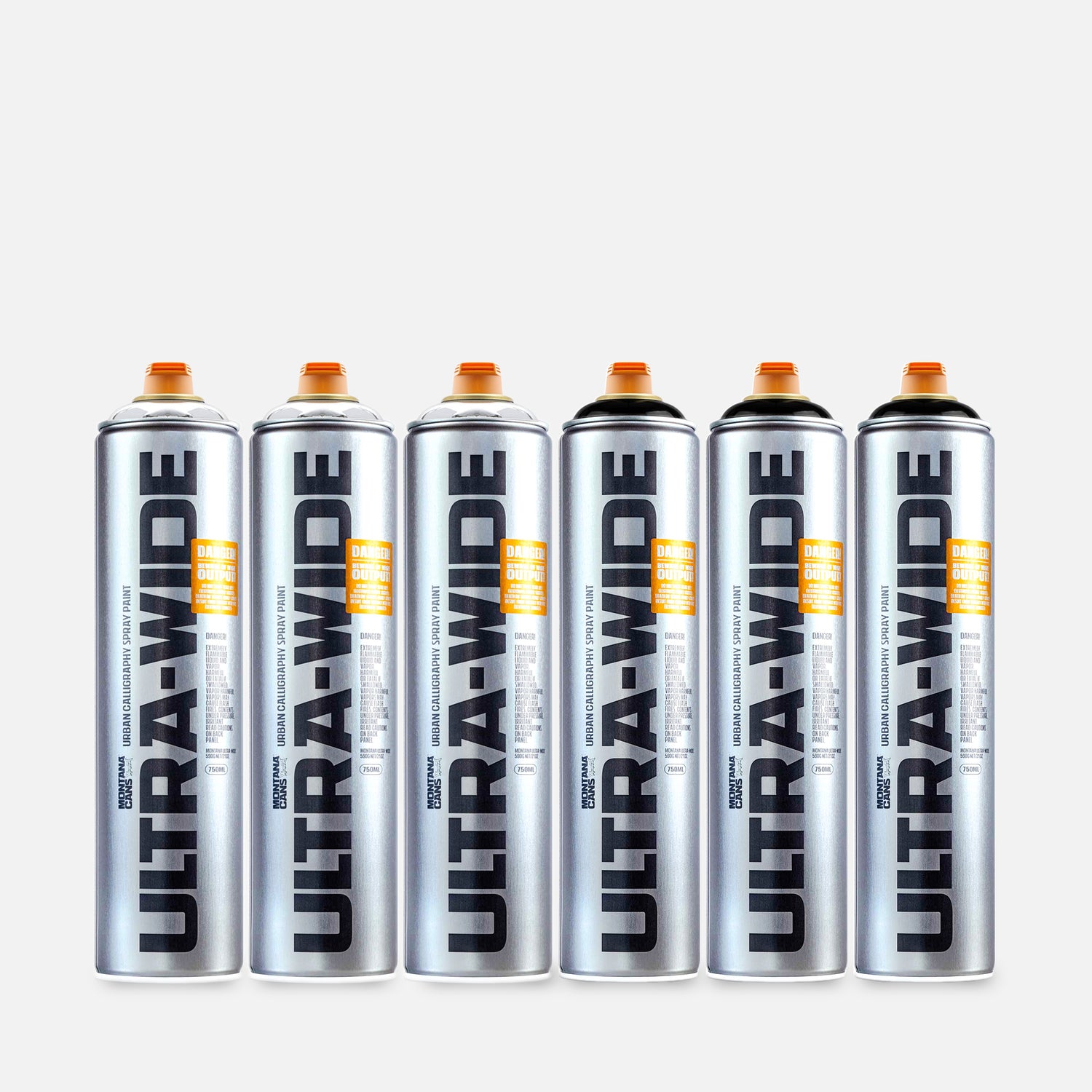 6 cans of Ultra-Wide spray paint on a grey background