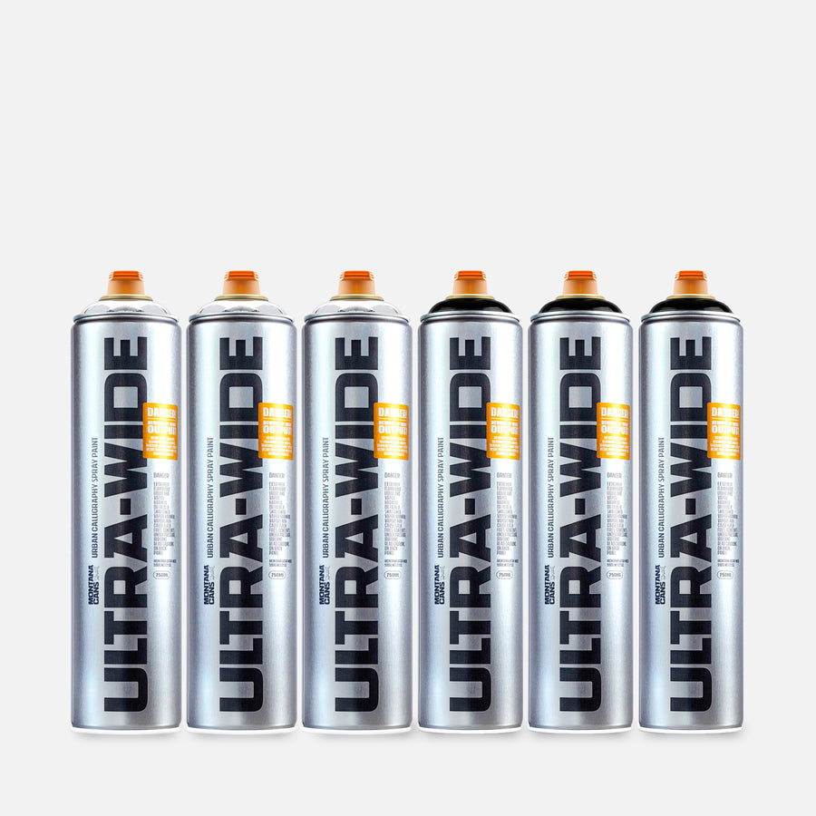 6 cans of Ultra-Wide spray paint on a grey background