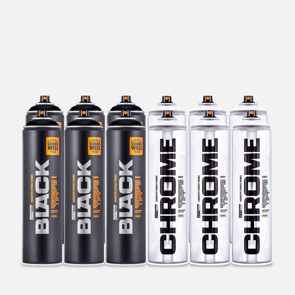 12 cans of Montana chrome and black 600ml