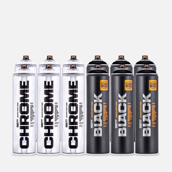 Montana Chrome and BlackExtended 12 can pack on a grey background 
