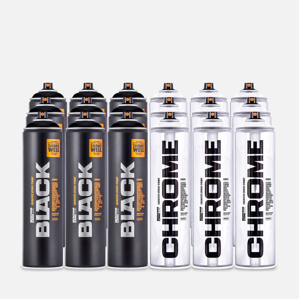 24 cans of Montana chrome and black 600ml