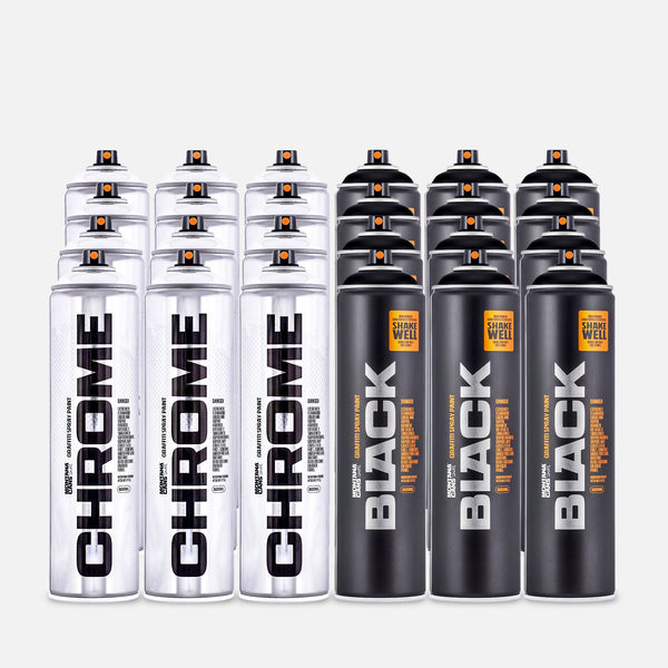 Montana Chrome and BlackExtended 24 can pack on grey background