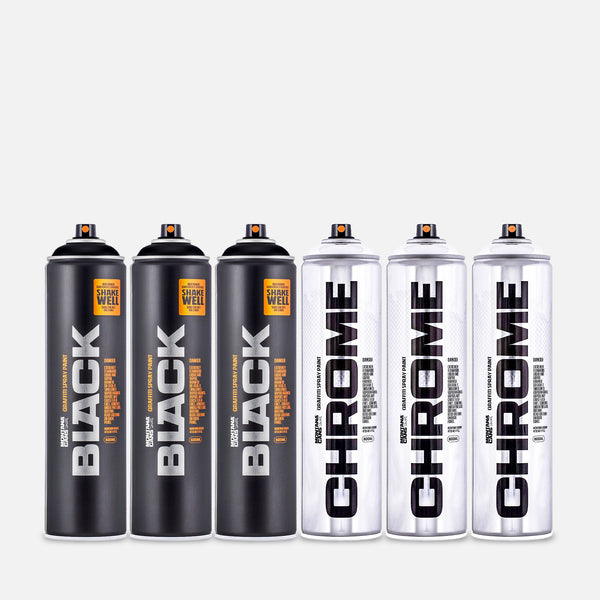 6 cans of Montana chrome and black 600ml