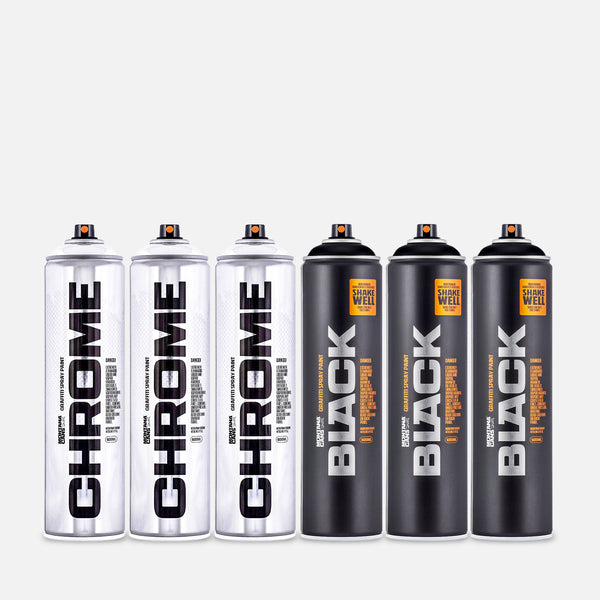 Montana Chrome and BlackExtended 6 can pack on a grey background 