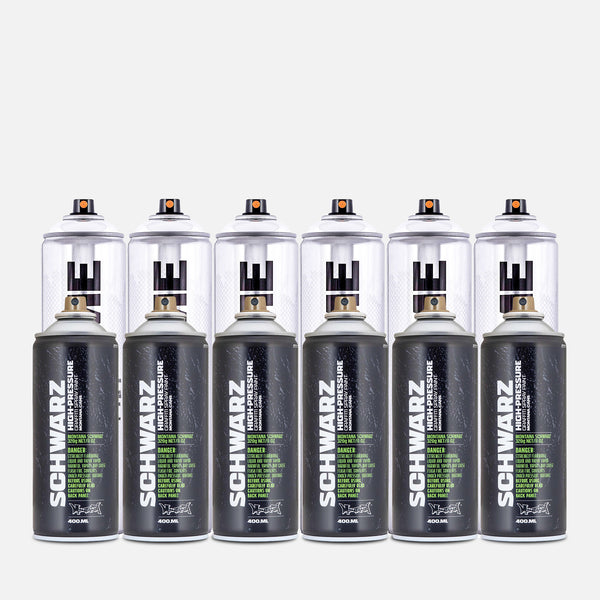 12 cans of Montana Chrome and Schwarz pack on a grey background 
