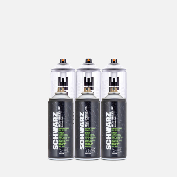 6 cans of Montana Chrome and Schwarz pack on a grey background 