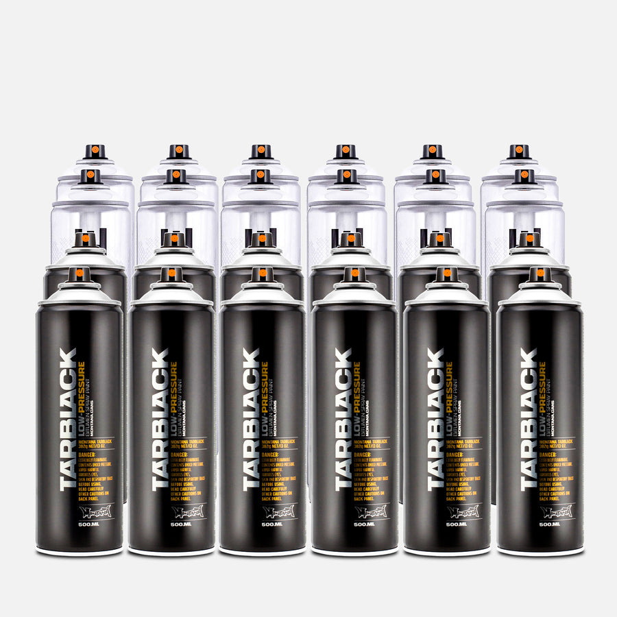 Montana Chrome and TarBlack 500ml 24 can pack on grey background
