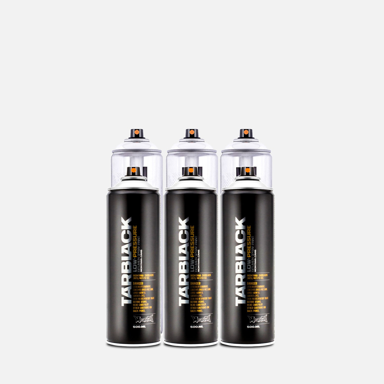 6 cans of Montana Chrome and tar 500ml on a grey background