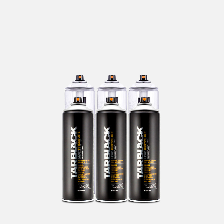 6 cans of Montana Chrome and tar 500ml on a grey background