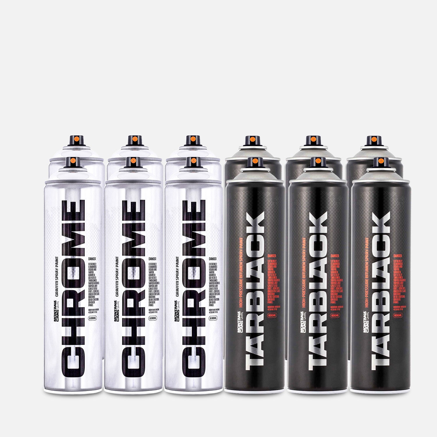 Montana Chrome and TarBlack 12 can pack on grey background