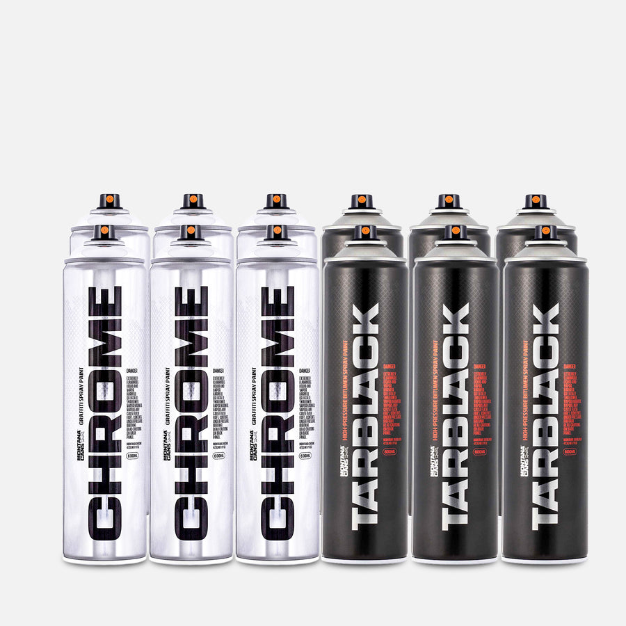Montana Chrome and TarBlack 12 can pack on grey background