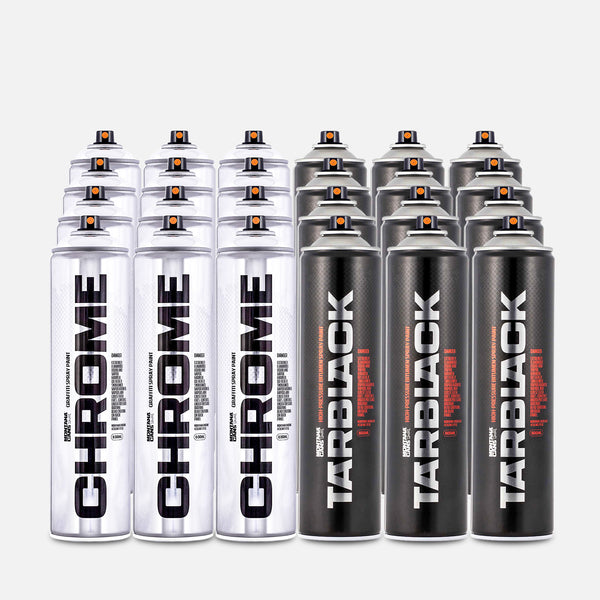 Montana Chrome and TarBlack 24 can pack on grey background