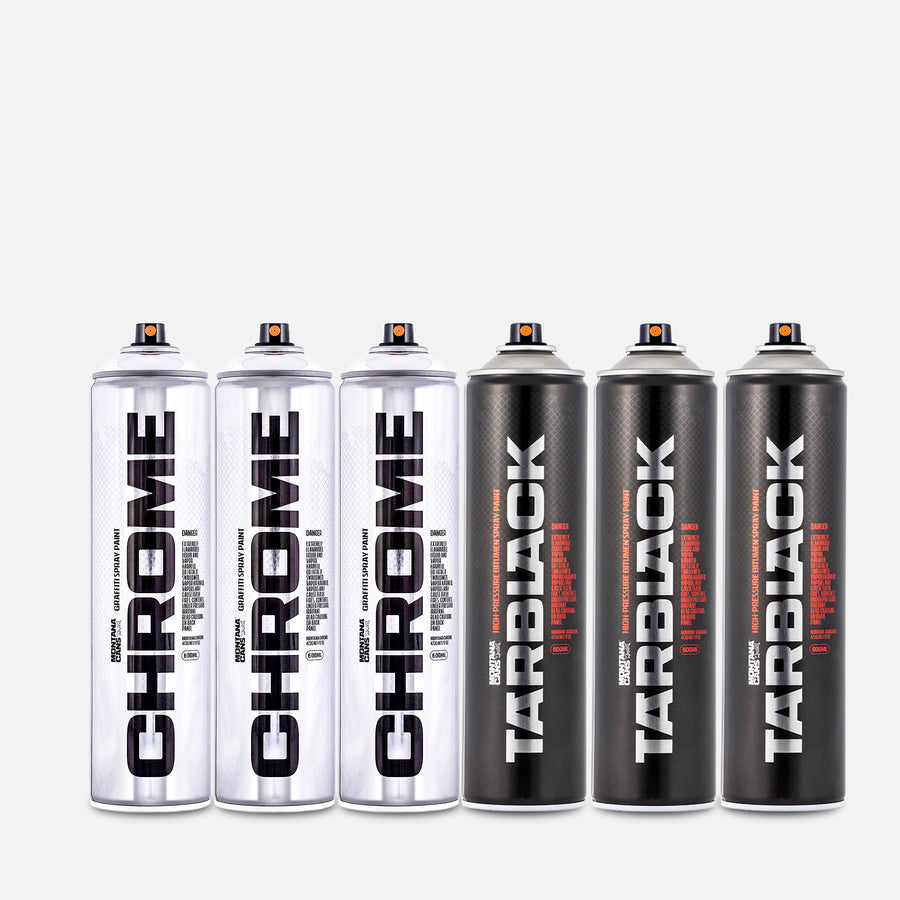 Montana Chrome and TarBlack 6 can pack on grey background