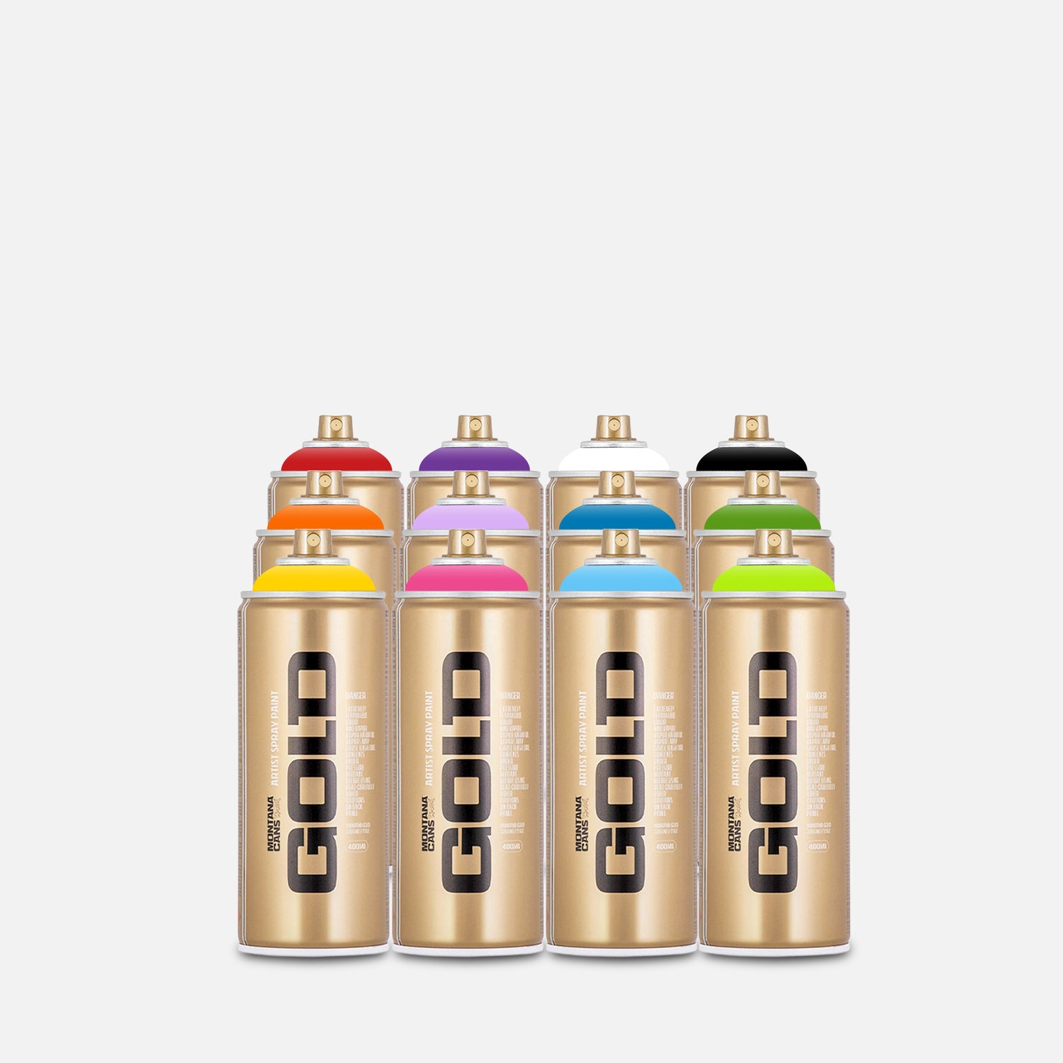 Montana gold spray paint 400ml 12 can pack of assorted colours on grey background 
