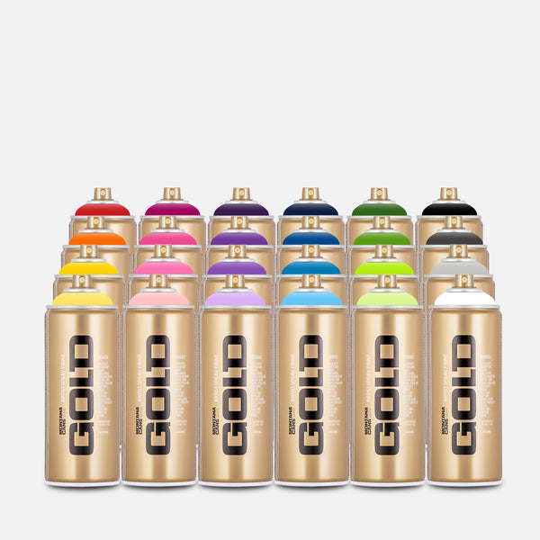 Montana gold spray paint 400ml 24 can pack of assorted colours on grey background 