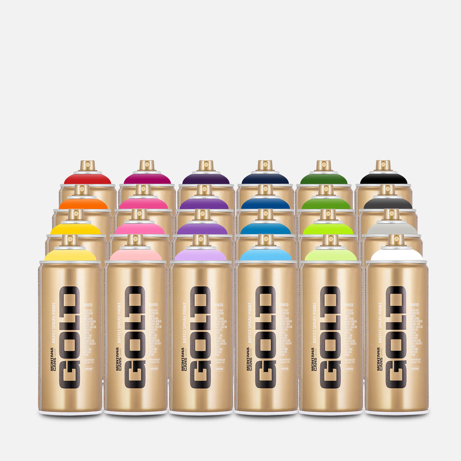 Montana gold spray paint 400ml 24 can pack of assorted colours on grey background 