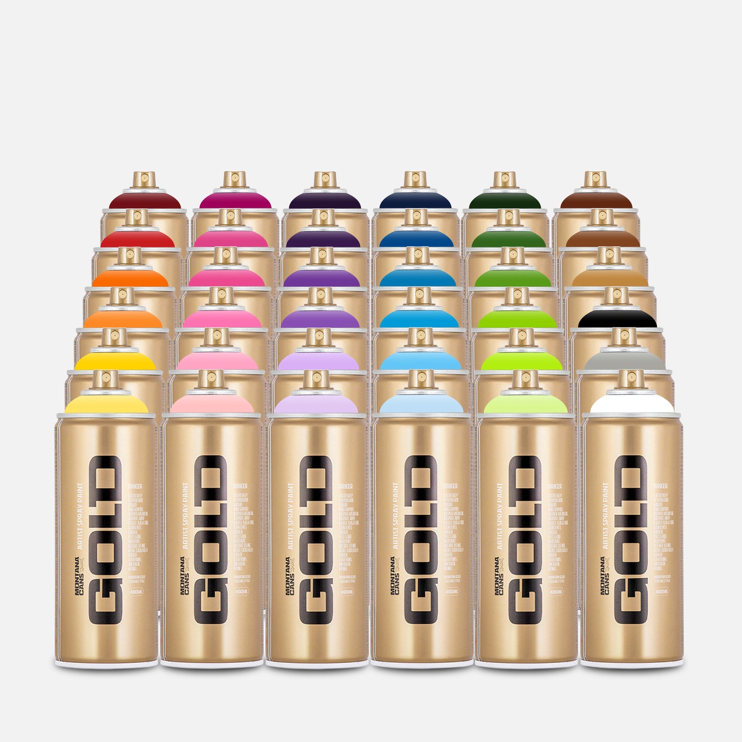 Montana gold spray paint 400ml 36 can pack of assorted colours on grey background 