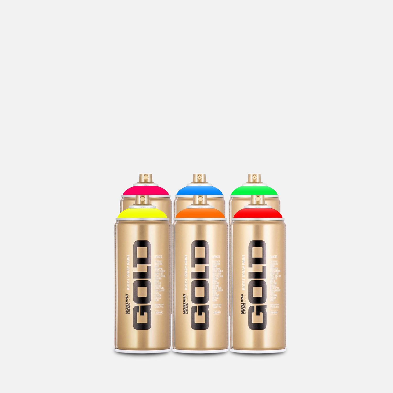 Montana gold spray paint 400ml 6 can pack of assorted fluorescent colours on grey background 