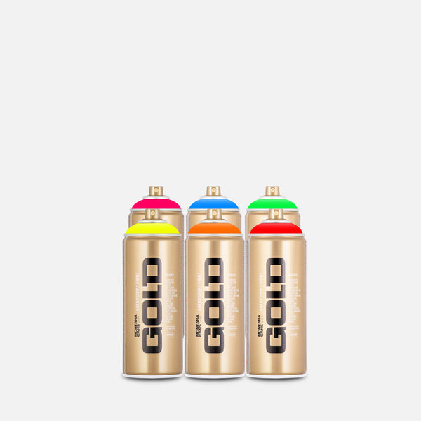 Montana gold spray paint 400ml 6 can pack of assorted fluorescent colours on grey background 