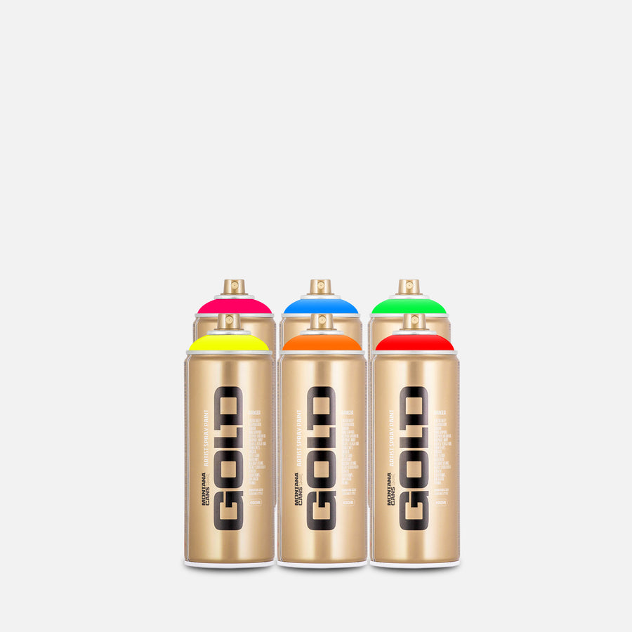 Montana gold spray paint 400ml 6 can pack of assorted fluorescent colours on grey background 
