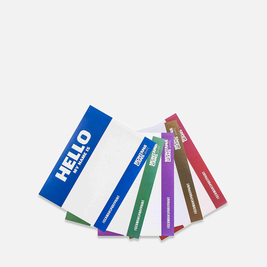 Montana hello my name is stickers in a variety of colours on grey background