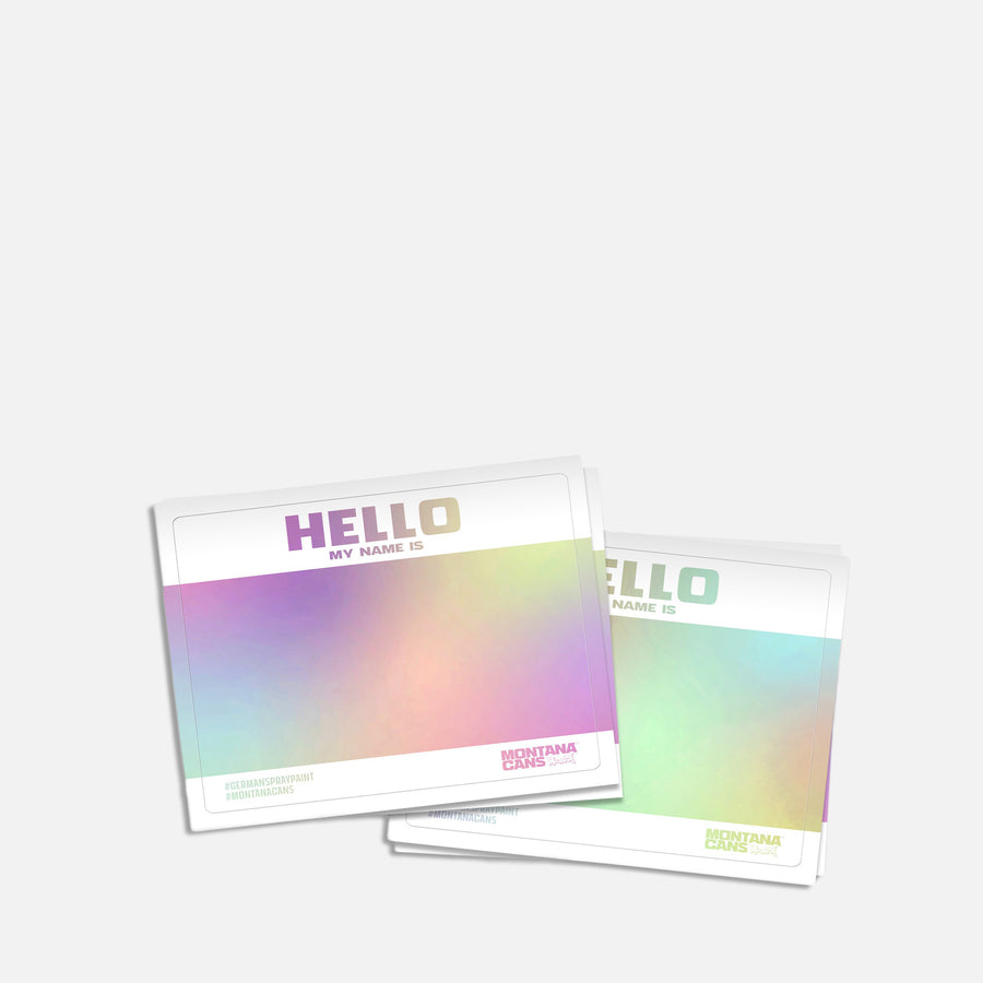 Montana Hello My Name Hologram Sticker Pack on a grey background