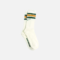 Off white Montana Cans crew socks with green and orange stripes