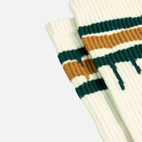 Off white Montana Cans crew socks with green and orange stripes