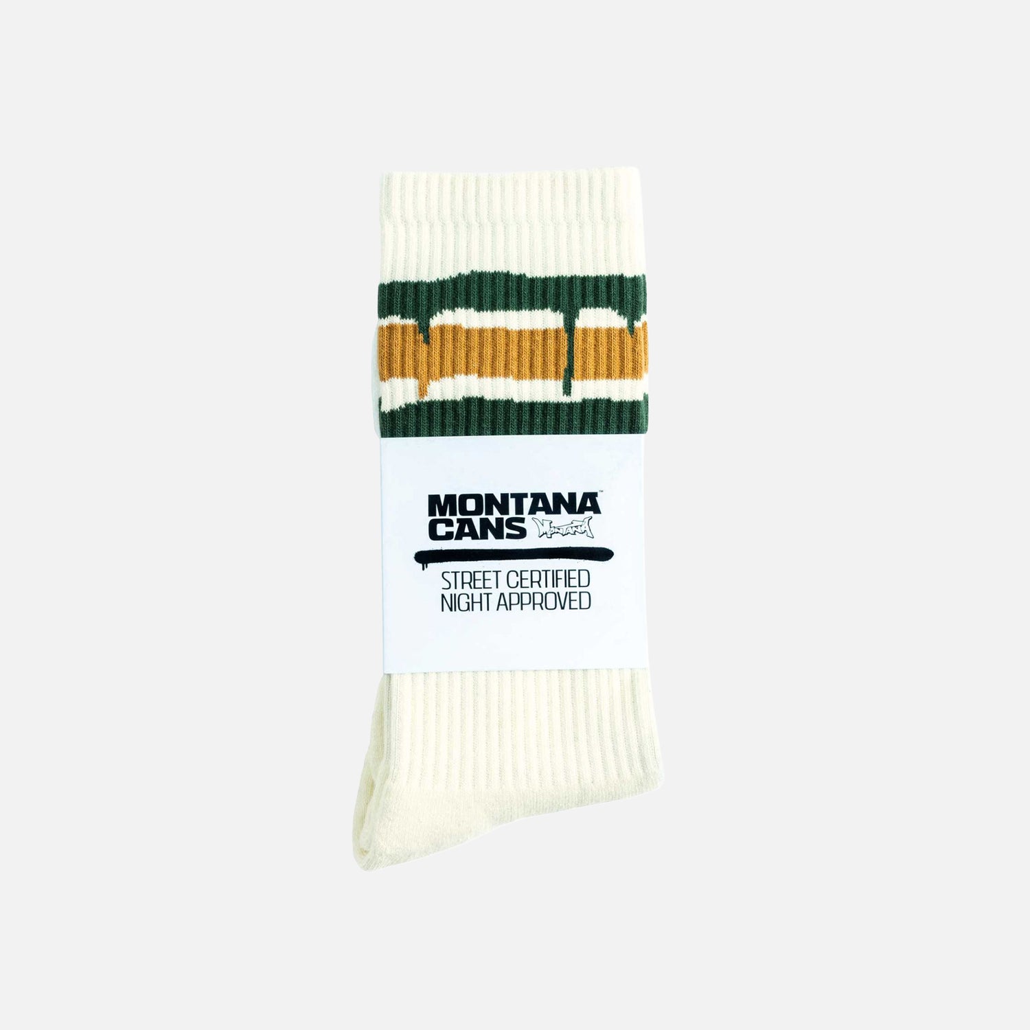 Off white Montana Cans crew socks with green and orange stripes