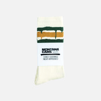 Off white Montana Cans crew socks with green and orange stripes