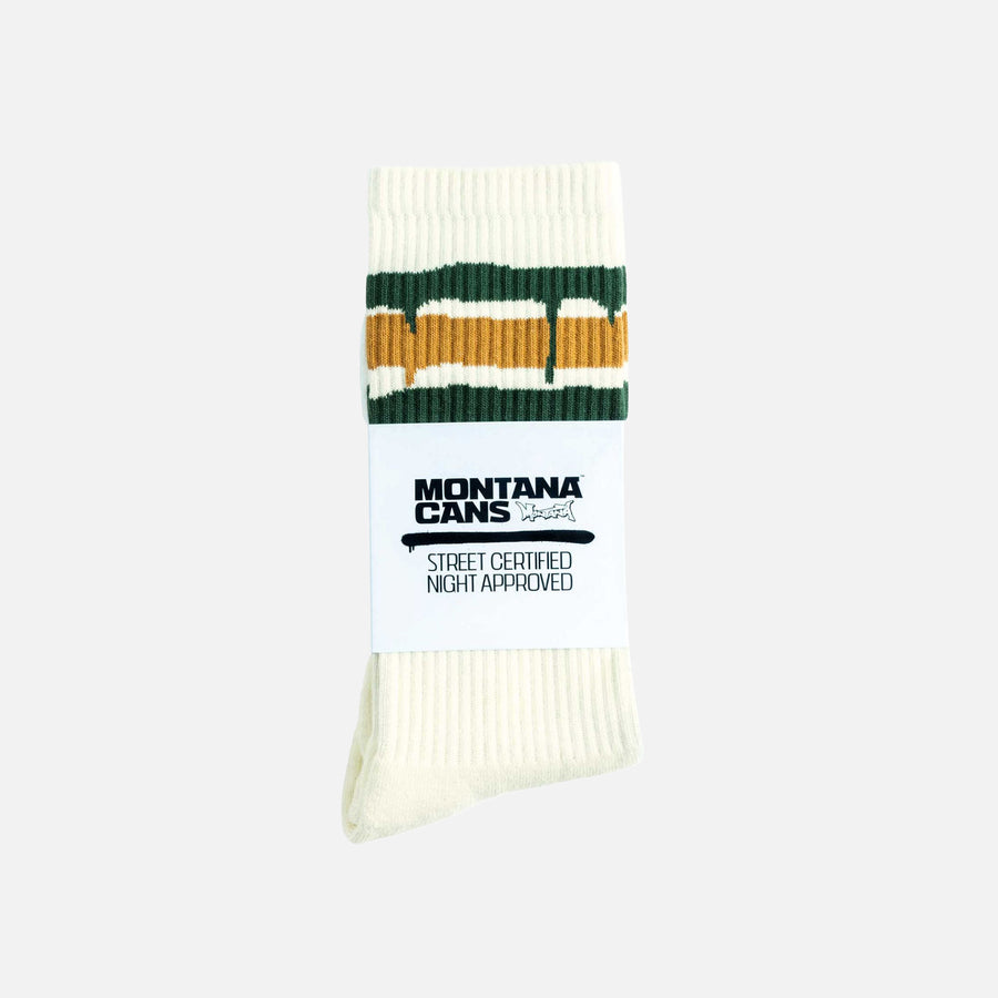 Off white Montana Cans crew socks with green and orange stripes