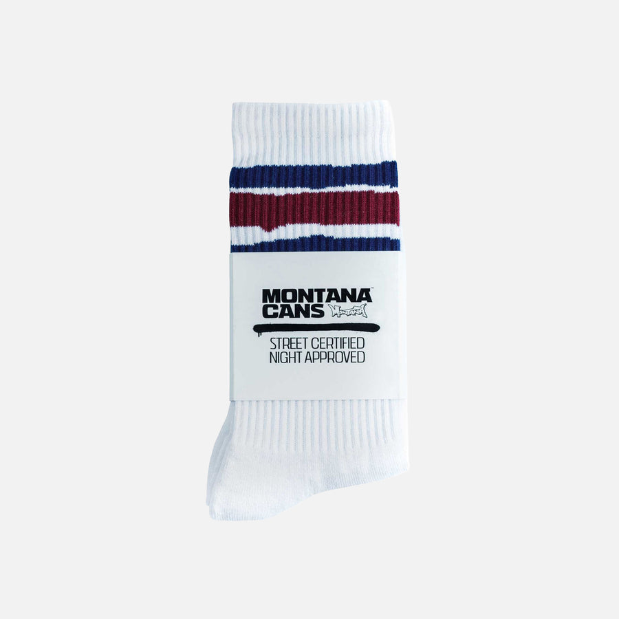 Montana Socks Stripes White crew socks with blue and red stripe design