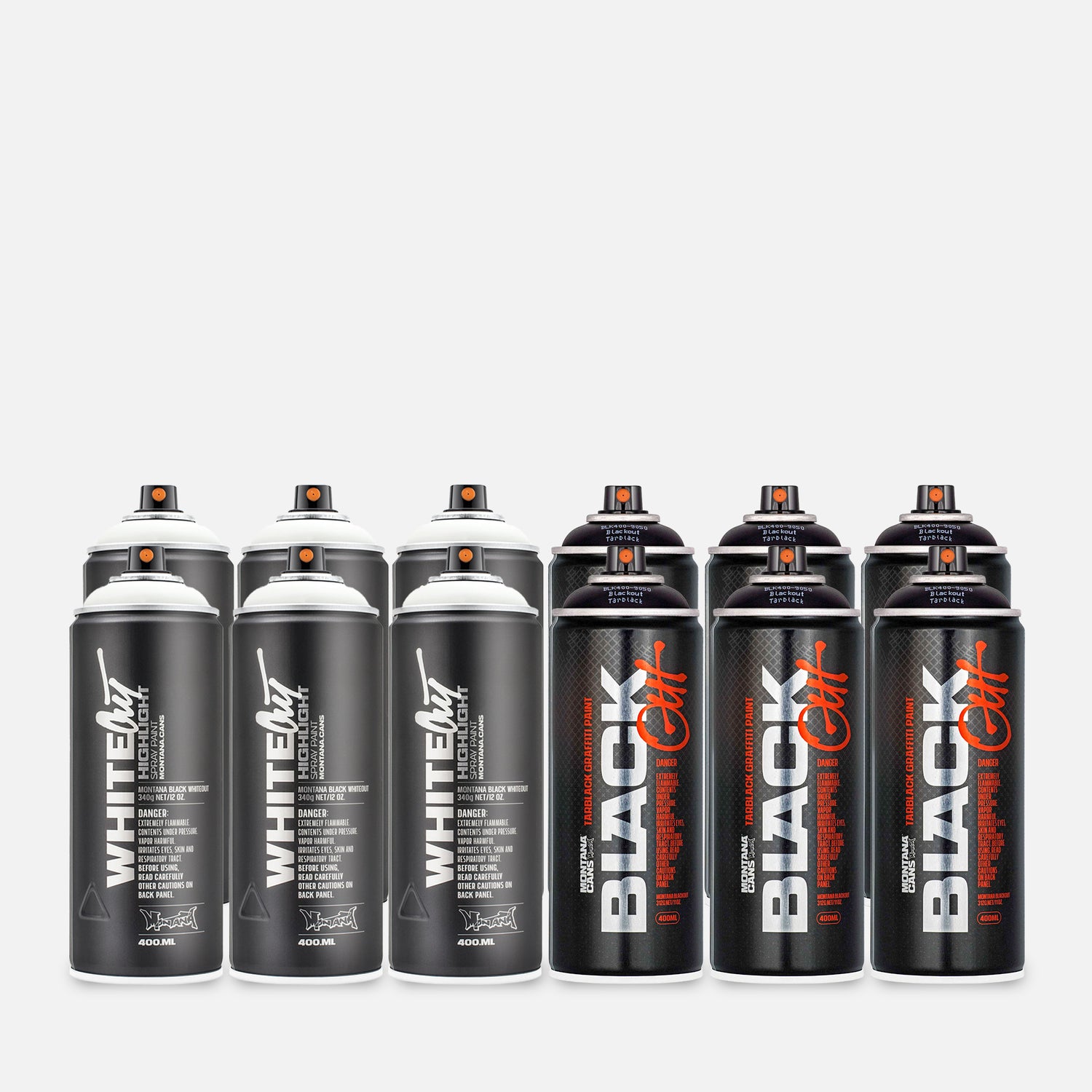 12 cans of Montana blackout and whiteout on a grey background  