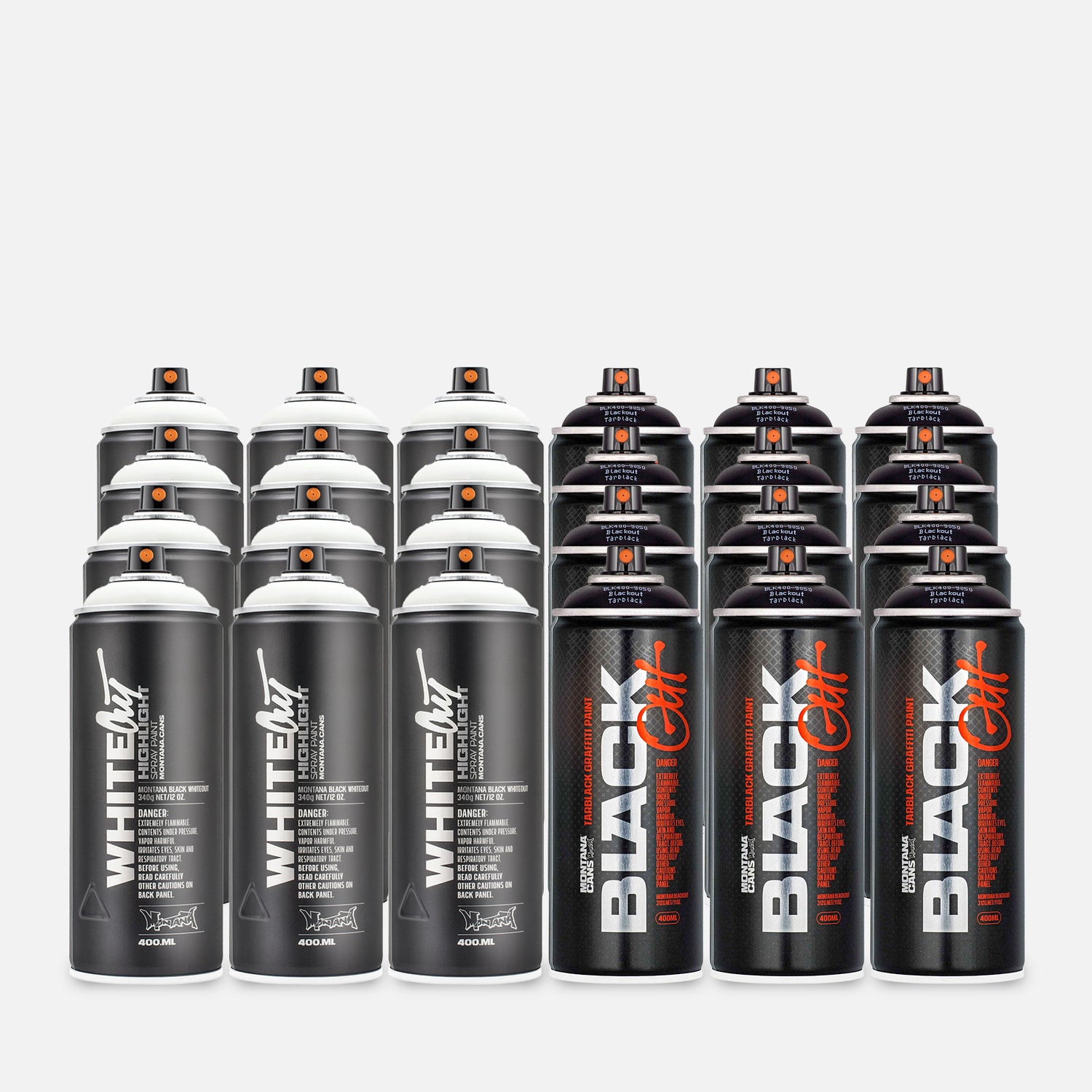 24 cans of Montana blackout and whiteout on a grey background  