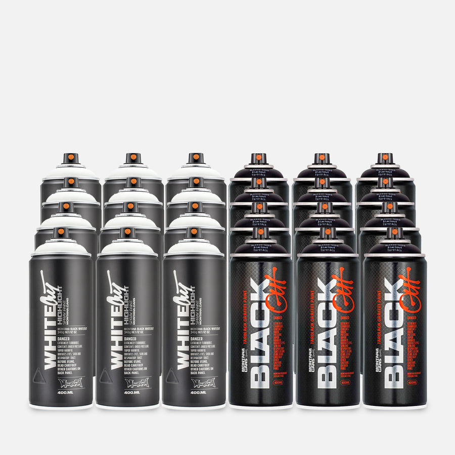 24 cans of Montana blackout and whiteout on a grey background  