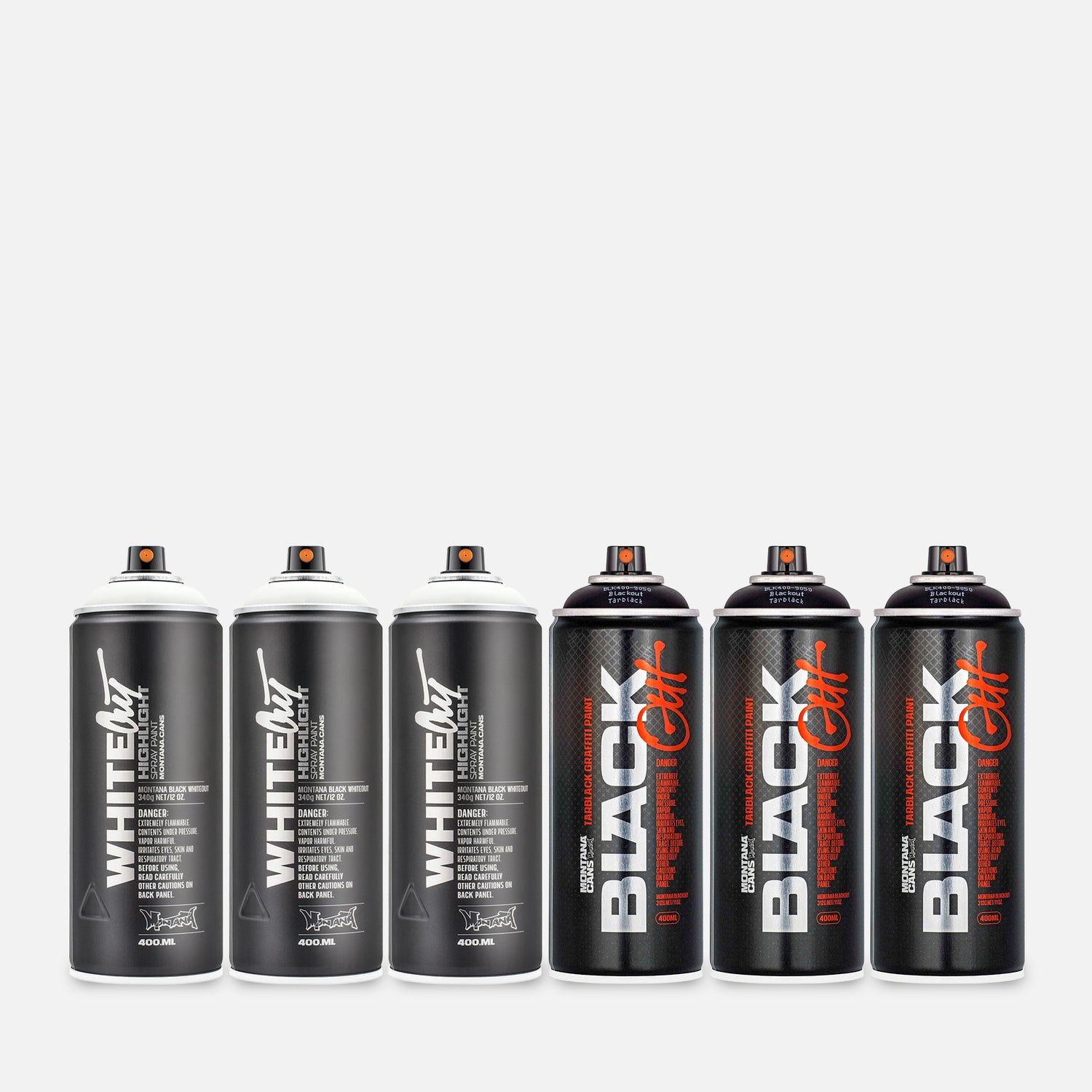 6 cans of Montana blackout and whiteout on a grey background  