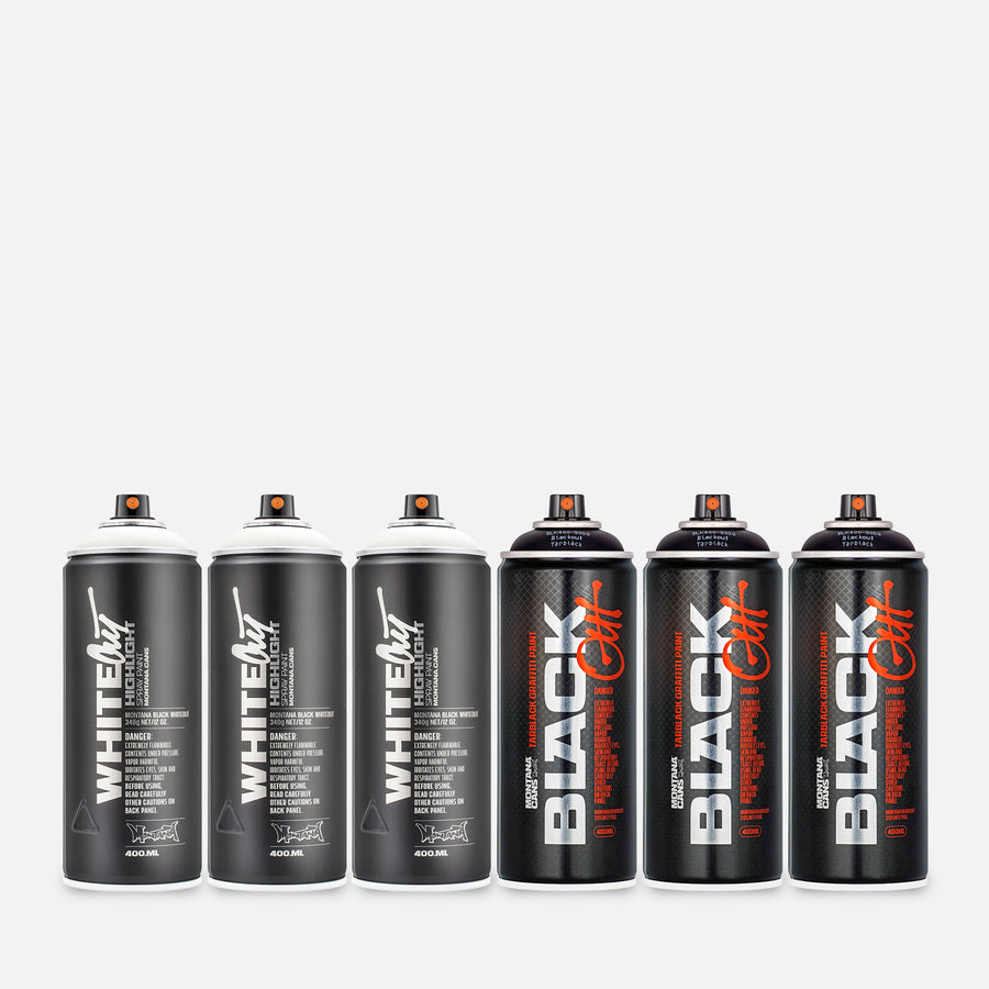 6 cans of Montana blackout and whiteout on a grey background  