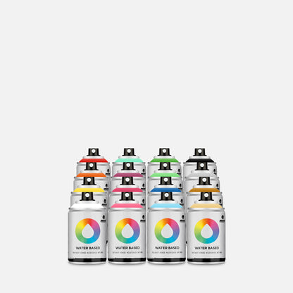 Set of 16 water-based spray paint cans with colorful labels on a grey background