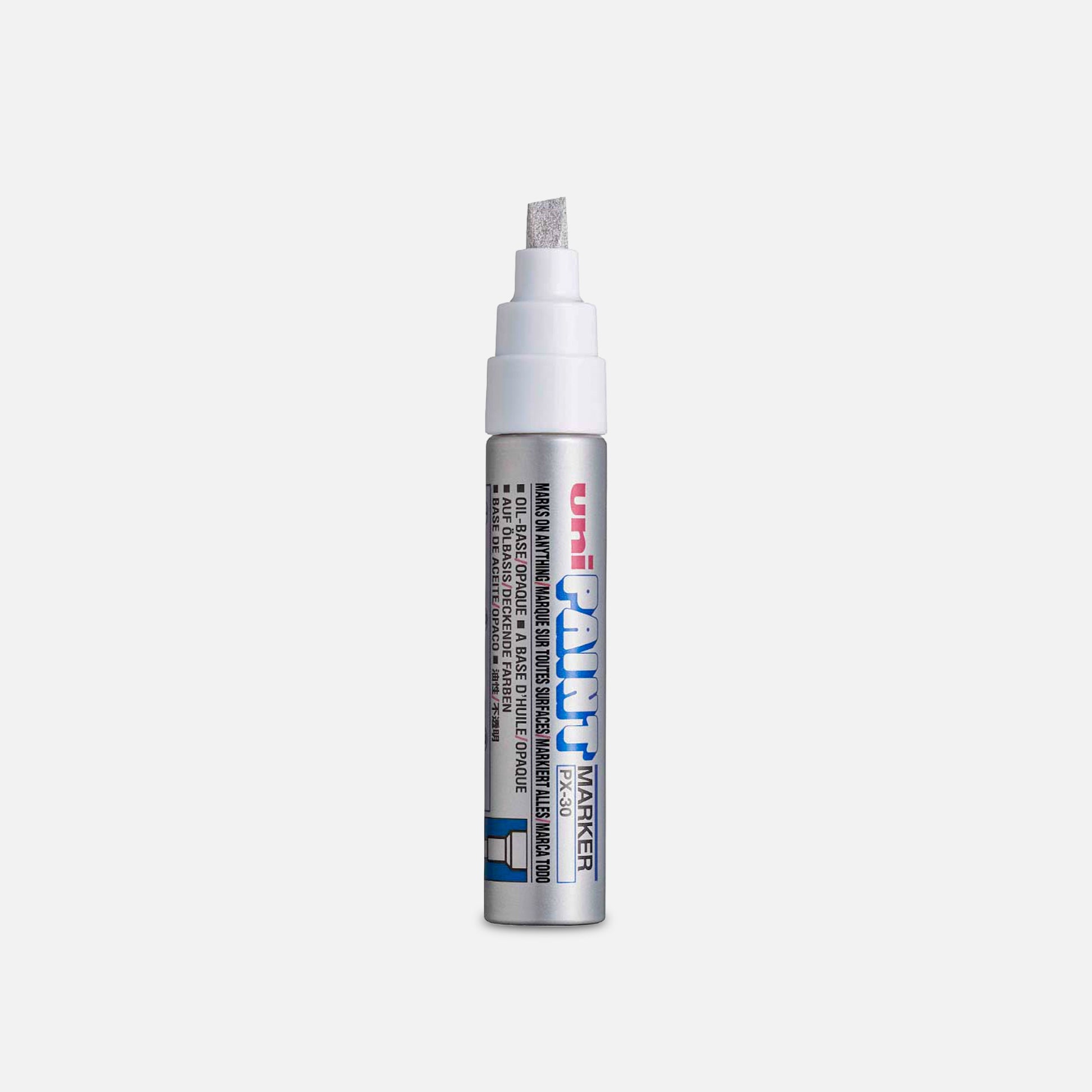 uni Silver marker with blue label on a grey background