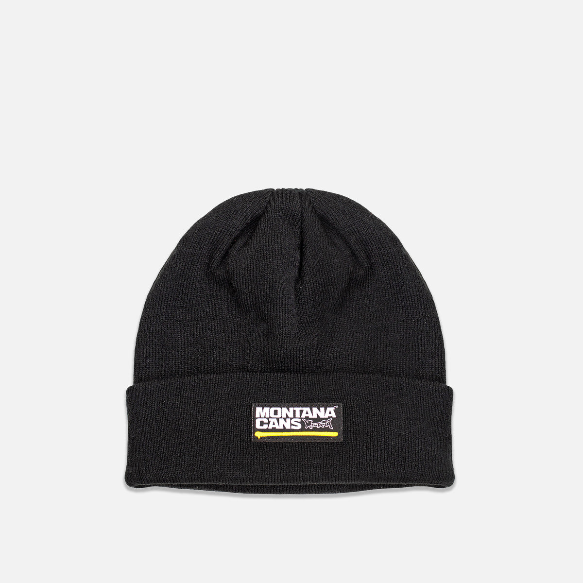 Black beanie with Montana Cans logo on a light gray background