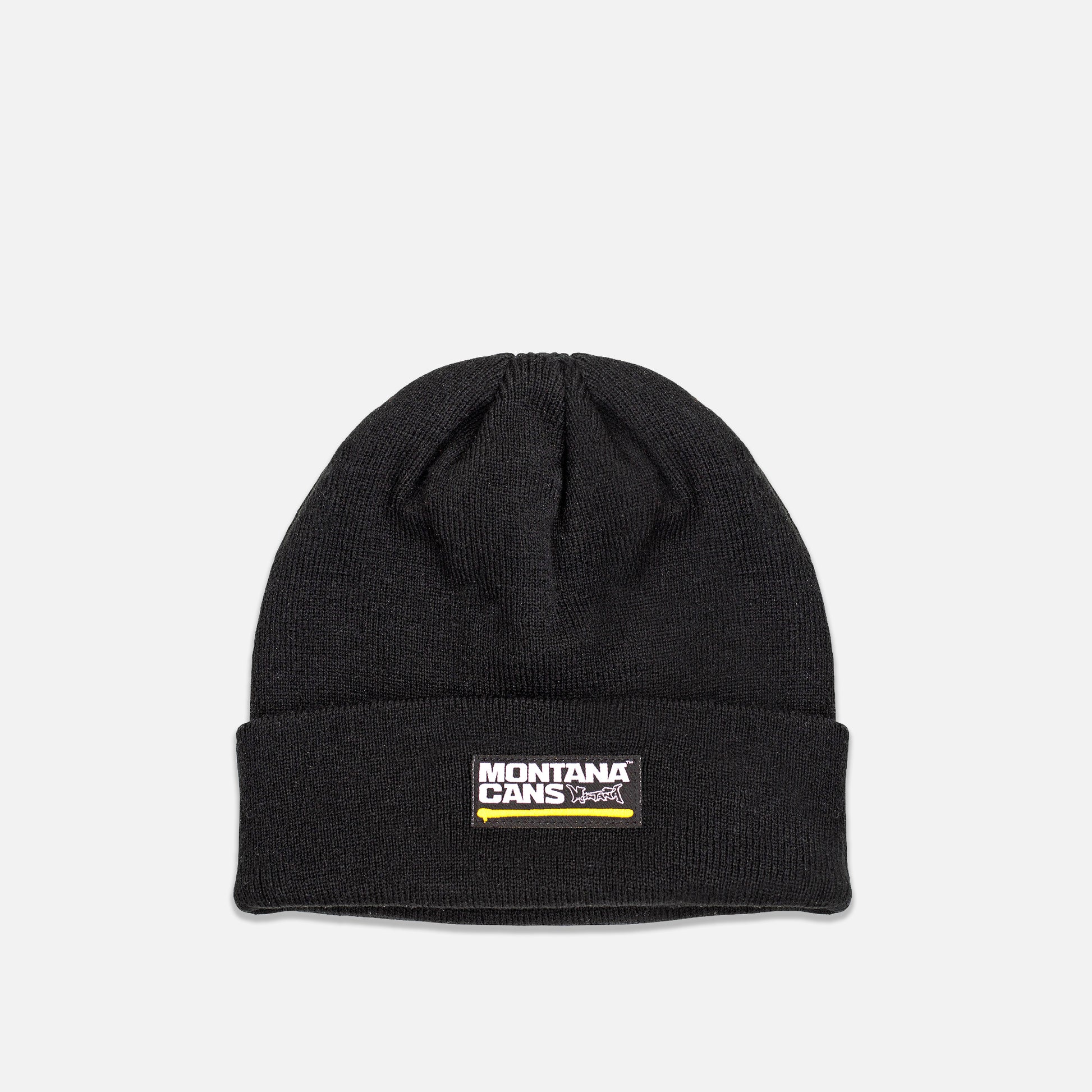 Black beanie with Montana Cans logo on a light gray background