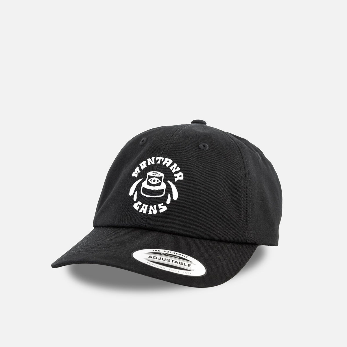 Black cap with white logo on a light gray background