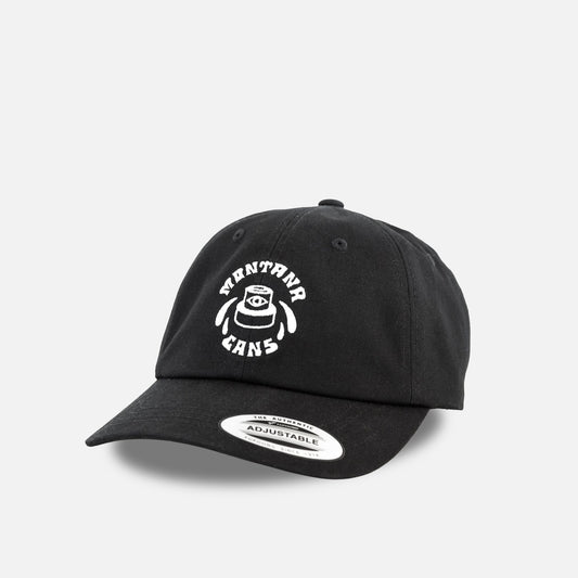 Black cap with white logo on a light gray background