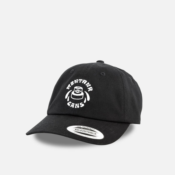 Black cap with white logo on a light gray background